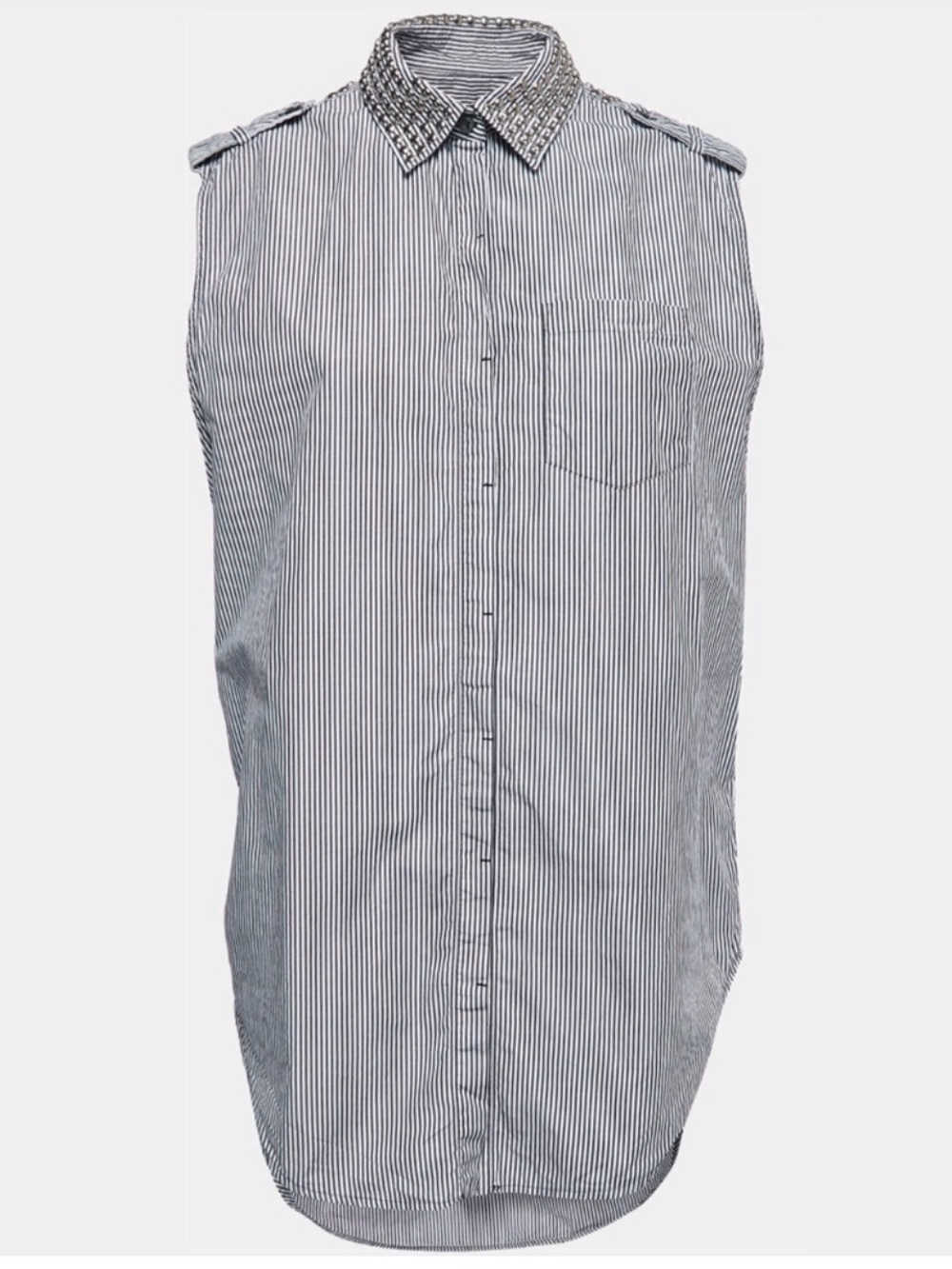 Pierre Balmain Sleeveless Pinstripe Studded Button-Down Shirt in Black and White